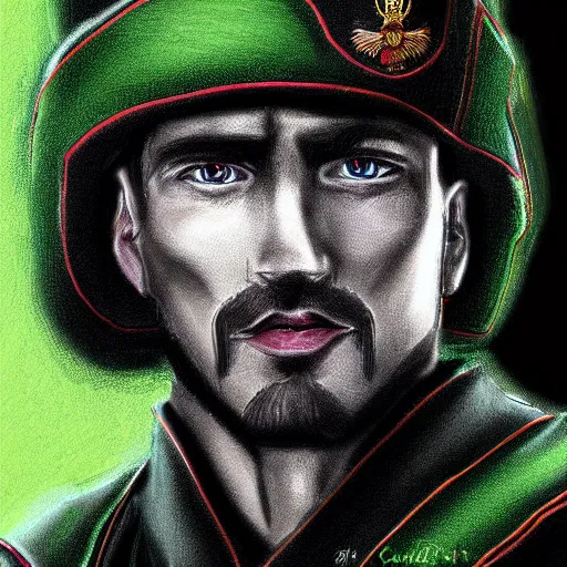 Prompt: russian warrior in a black uniform with a green beret digital art, 8 k, character, realism, anime, portrait