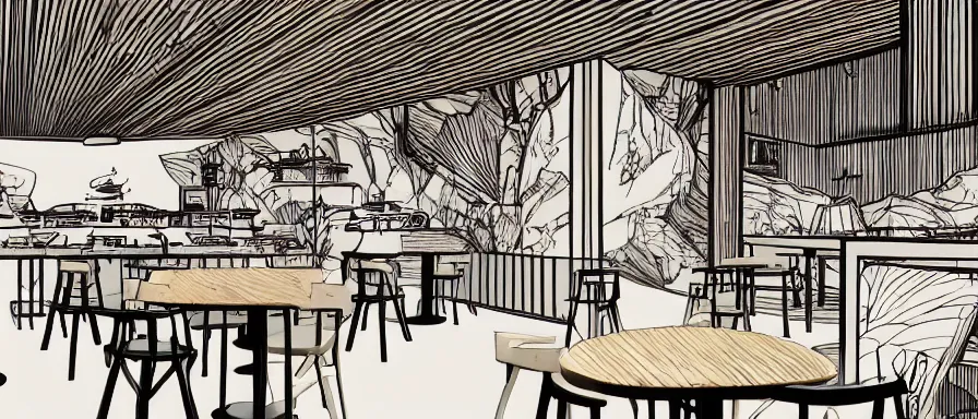 Prompt: a beautiful interior view illustration of a small roasted string hotpot restaurant of baota mountain in yan'an city, animation illustrative style, from china, restaurant theme wallpaper is tower and mountains, rectangle white porcelain table, black chair, simple style structure decoration design, victo ngai, james jean, 4 k hd