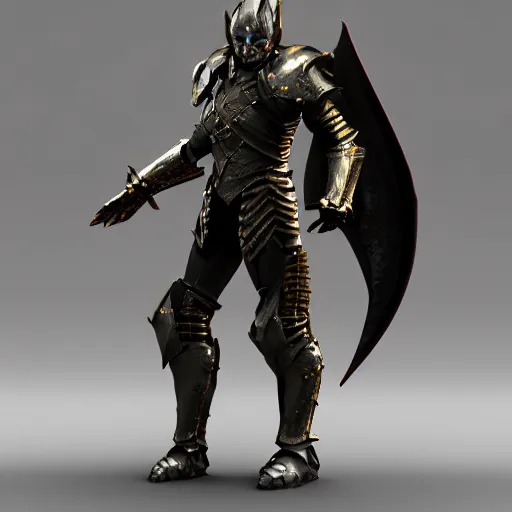 Prompt: a photorealistic 3D render of a full body dark side knight (as an archetypal DnD isekai Demon Lord) wearing armor made of gold and silver, unreal engine, octane render, cinematic lighting, a sense of evil, hard surface character concept art, character design, hyper realism, high detail, depth of field, stunning cgsociety, HD, HDR, 4k