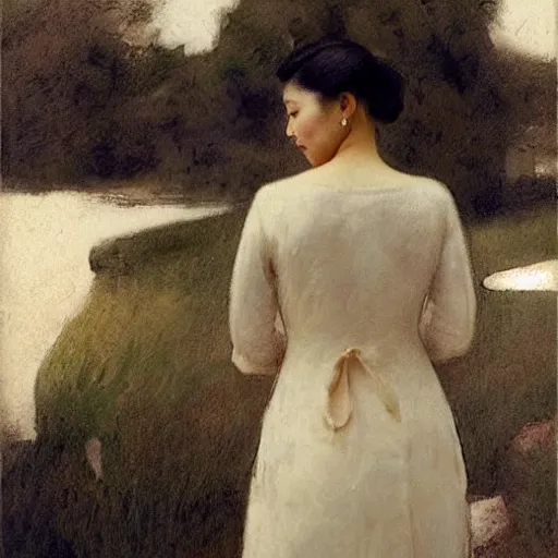 Image similar to asian girl with long hair, back view, wedding dress, by ramon casas