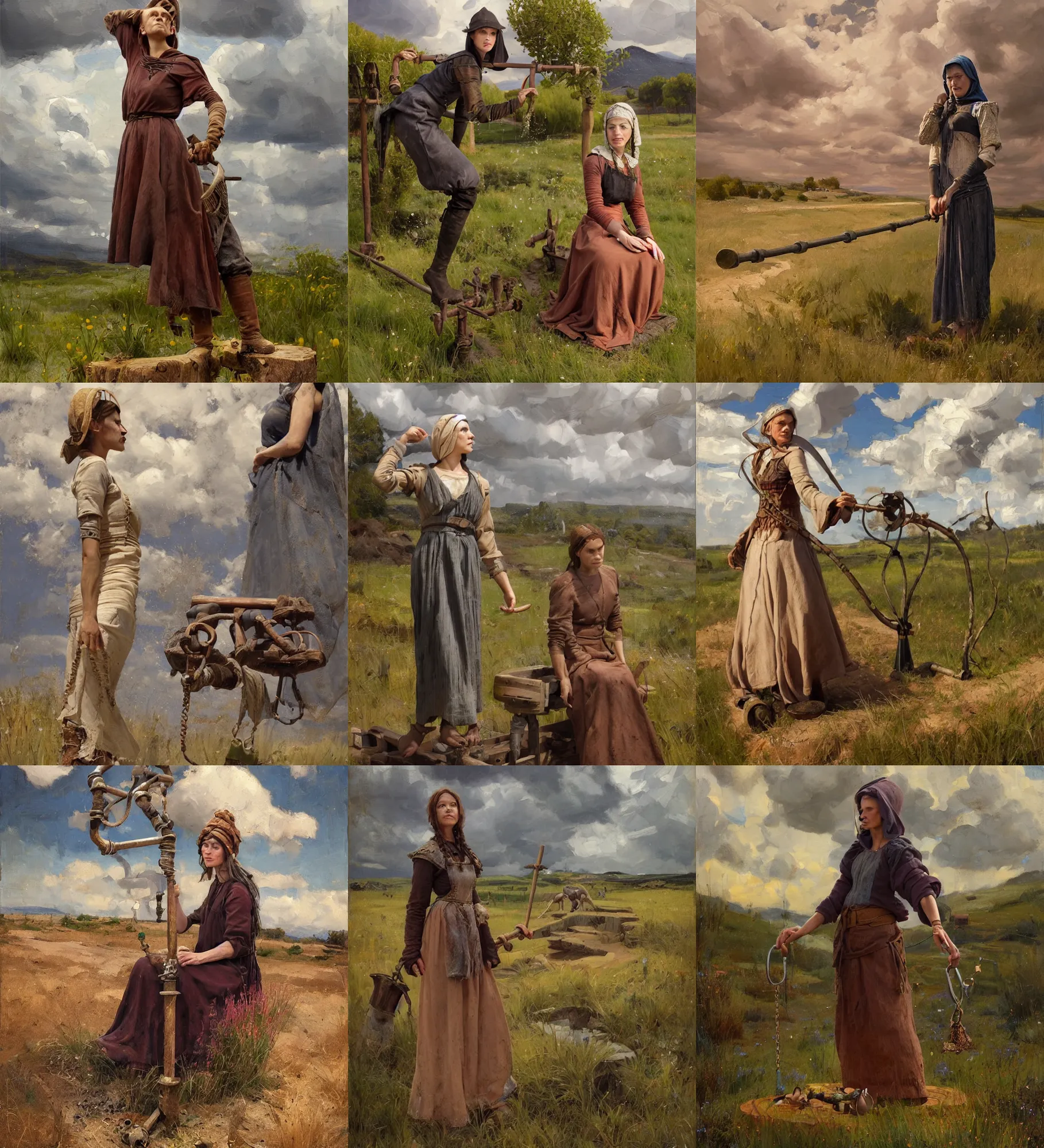 Image similar to portrait of medieval farmer woman with wooden jewelry, mediterranean features, fantasy character, sitting dynamic pose, Low poly, thunder clouds in the sky, artwork by Jeremy Lipkin and Giuseppe Dangelico Pino and Michael Garmash and rob rey, levitation, industrial rusty pipes, simple form, brutal shapes