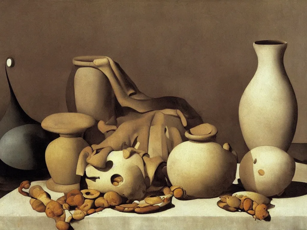 Prompt: Still life with moldy bread, fungus, white vase, ceramic pot. Painting by Zurbaran, Yves Tanguy, Morandi