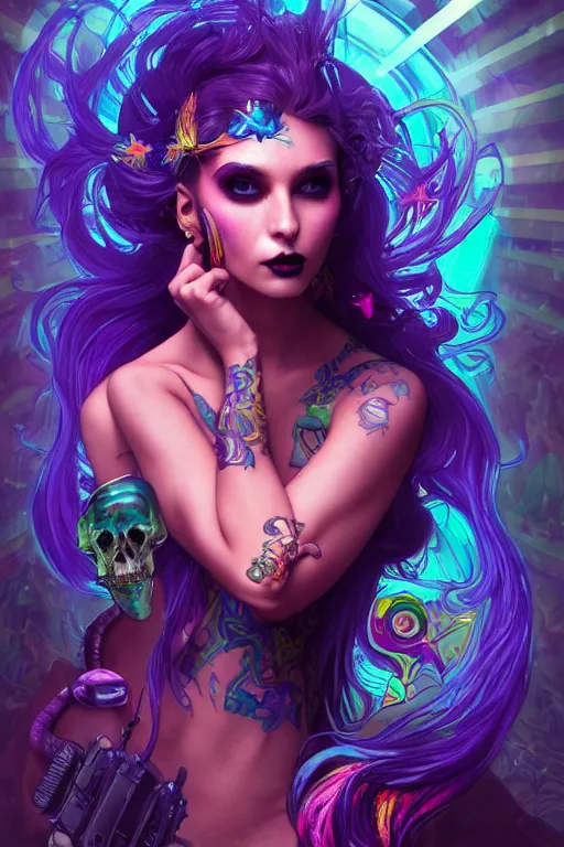 Image similar to a portrait of the lisa frank cyberpunk tank driving mermaid with rhinoplasty, gothic, highly detailed, digital painting, crown of skulls, artstation, smooth, sharp focus, illustration, art by artgerm and greg rutkowski and alphonse mucha and william - adolphe bouguereau