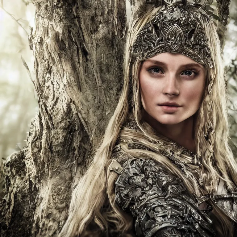 Image similar to 5 5 mm portrait photo of an armored gorgeous anesthetic blonde woman warrior, in a magical forest in the style of lord of the rings, highly detailed 8 k. intricate. lifelike. soft light. nikon d 8 5 0. cinematic post - processing