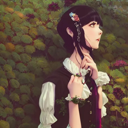 Image similar to portrait of a beautiful girl with dark hair dressed in victorian fashion, royal garden background, rich vivid colors, ambient lighting, dynamic lighting, 4k, official media, anime key visual, makoto shinkai, ilya kuvshinov, rossdraws, detailed, trending on artstation