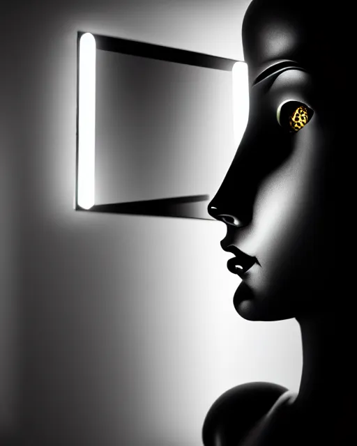 Image similar to black and white high quality photo of a female AI-cyborg-doll looking into a sci-fi mirror, volumetric lighting, hyperdetailed, masterpiece, elegant, dark, in the style of Man Ray,