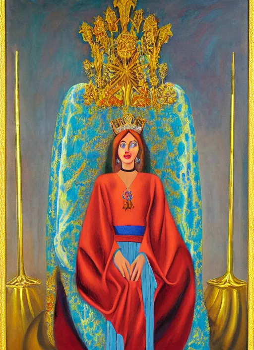 Image similar to oil painting of portait Queen of Ecstasy in a large throne room, Hungarian, by Georgia o Keeffe, by Marcel Jankowicz, animation