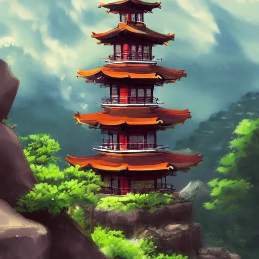 Image similar to a pagoda with a path surrounded by mountains, stormy weather. Makoto Shinkai, anime, trending on ArtStation, digital art. W- 2000