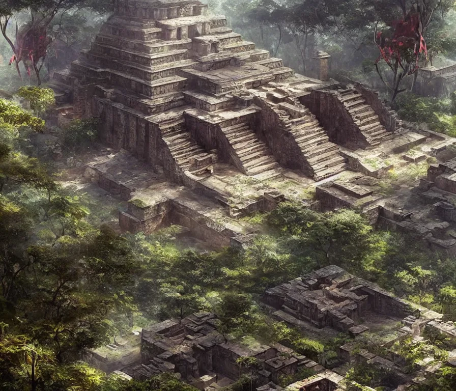 Image similar to a cinematic view of the beautiful ruins of a futuristic mayan temple in the jungle of yucatan, art by federico pelat and greg rutkowski and alejandro burdisio