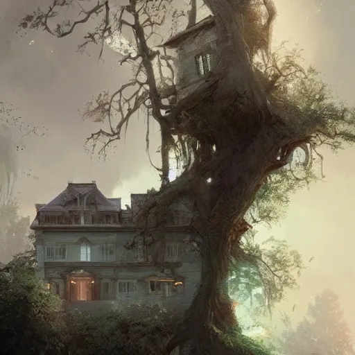 Image similar to A mansion in the tree , Greg rutkowski, Trending artstation, cinematográfica, digital Art