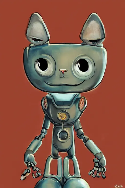 Prompt: a cute cat robot in a metropolitan city, painted by wally wood and matt jefferies, trending on artstation, steam punk, bright macro view pixar, award - winning, blueprint, big eyes, ( ( ( copper ) ) ) wire whiskers, chillwave, realism