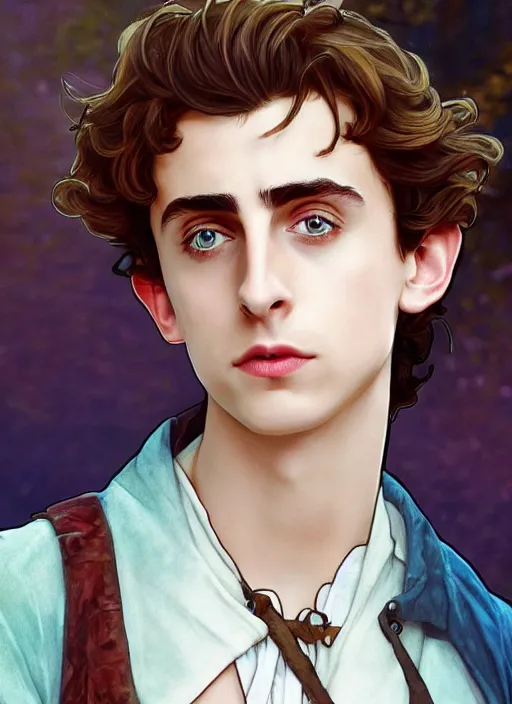 Image similar to cute timothee chalamet as a pirate captain. parrot on his shoulder, natural lighting, path traced, highly detailed, high quality, beautiful digital painting, by don bluth and ross tran and studio ghibli and alphonse mucha, artgerm