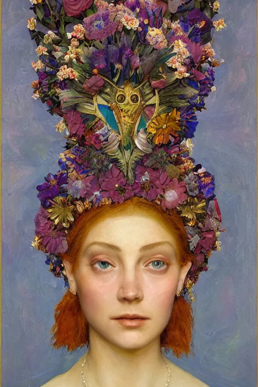 Prompt: queen of flowers, by Annie Swynnerton, and Tino Rodriguez and Nicholas Roerich, elaborate headdress and embroidered velvet, iridescent beetles, rich color, dramatic cinematic lighting, extremely detailed, featured on artstation