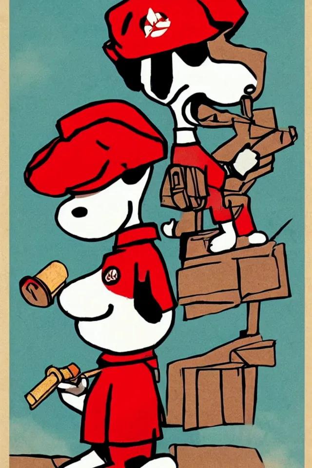 Prompt: an epic socialist realism poster of a singular communist snoopy in a red beret smoking a blunt for the proletariat