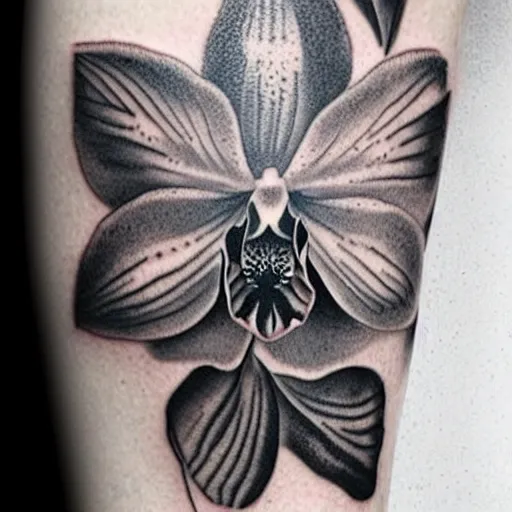 Prompt: hyperrealistic fine tattoo of a beautiful orchid made with pointilism thin stroke