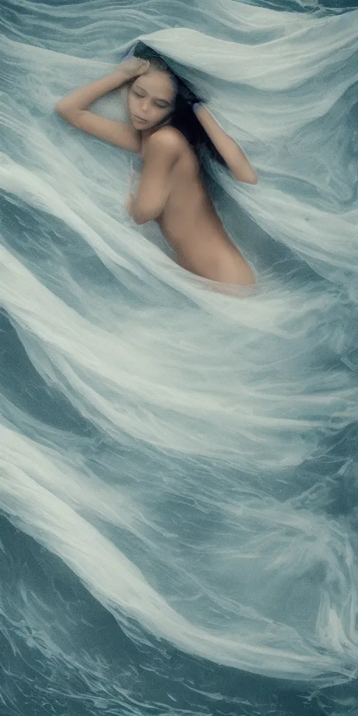 Image similar to a figure of an attractive beautiful female human body floating among the waves, hidden behind torn cloth swirling violently