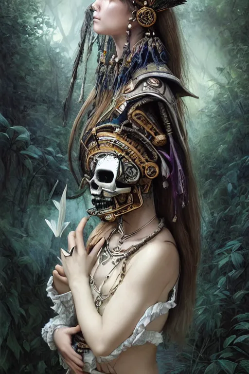 Prompt: A masterpiece ultrarealistic portrait of a Irristible angel princess tribal-shaman-knight-witch-ghost with Skull Iron mask. baroque renaissance girl in the night forest. medium shot, intricate, elegant, highly detailed. trending on artstation, digital art, by Stanley Artgerm Lau, WLOP, Rossdraws, James Jean, Andrei Riabovitchev, Marc Simonetti, Yoshitaka Amano. background by James Jean and Gustav Klimt, light by Julie Bell, 4k, porcelain skin.