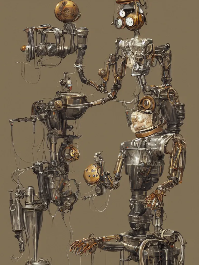 Image similar to full-length portrait of a singular old mechanical humanoid robot offering a cup of steaming coffee, by Simon Stalenhaag, by Yoshita Amano, by Esao Andrews, sharp focus, fresh colors, deviantart, conceptart