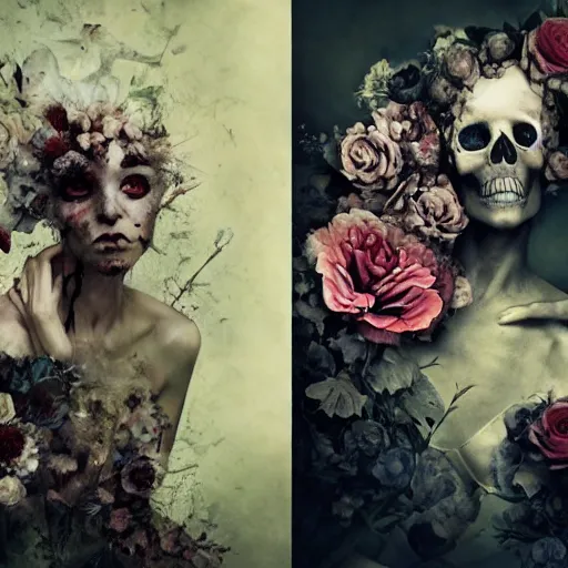 Prompt: skull and cemetary flowers, by brooke shaden and alberto seveso and eve ventrue and john salminen and tim okamura, trending on artstation hq, deviantart, pinterest, 4 k uhd image