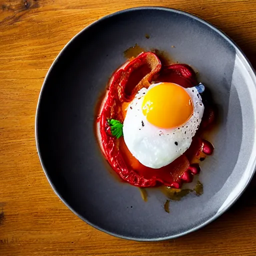 Image similar to black pudding ceviche in leche de tigre, roasted tomatoes, fried egg, chili oil, michelin starred restaurant, award winning photography, noma, by rene redzepi, by pierre gagnaire, food photography, highly detailed, culinary plating