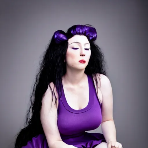 Image similar to Annie Leibovitz boudoir photo of a beautiful anime woman with long black hair, blue eyes, purple lipstick, wearing a black tank-top, a purple skirt and white socks with purple stripes