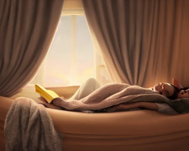 Prompt: a beautiful warm matte painting of a woman curled up with a blanket reading a good book next to her friendly cat who is purring with eyes closed. they are both sitting next to a window as the sun sets in winter, by nina masic, crisp, detailed, trending on artstation