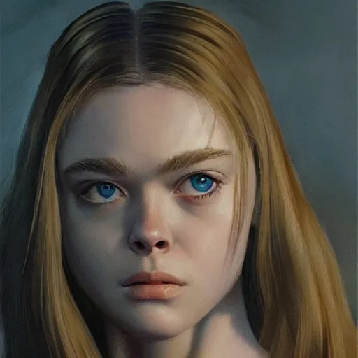 Image similar to ultra realistic portrait painting of elle fanning in halo 2, art by frank frazetta, 4 k, ultra realistic, highly detailed, epic lighting