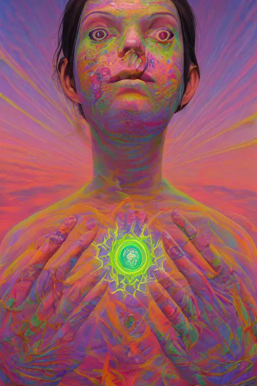 Image similar to acid tripping cult girl third eye open, chakra energy waves resonating from her body, ethereal aura, epic surrealism 8k oil painting, portrait, perspective, high definition, post modernist layering, by Sean Yoro, Casey Weldon