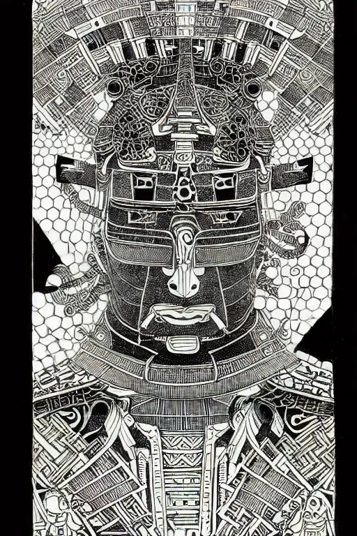 Prompt: a black and white drawing of an ancient future japanese temple samurai, a detailed mixed media collage by hiroki tsukuda and eduardo paolozzi and moebius, intricate linework, sketchbook psychedelic doodle comic drawing, geometric, street art, polycount, deconstructivism, matte drawing, academic art, constructivism