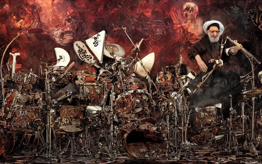 Prompt: khamenei playing drums in heavy metal band in hell hanged, corded, bodies hanged in horizon, skulls around, high definition, trending on artstation, unreal engine, photorealistic, high resolution,, trending on deviantart, hdr, hyper detailed, insane details, intricate, elite, ornate, elegant, luxury, dramatic lighting