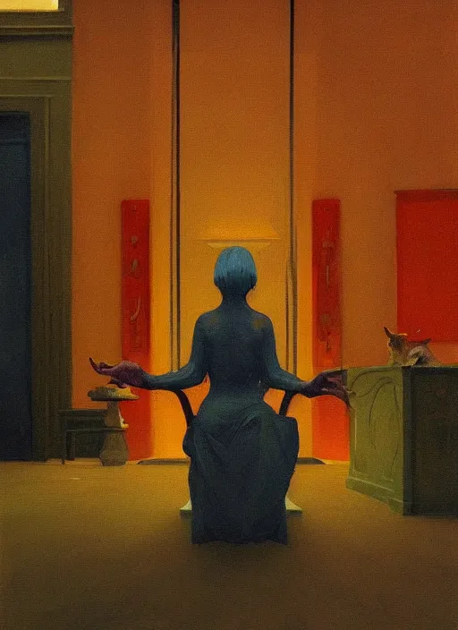 Prompt: woman sitting on a large throne next to a goat on rainy night by Edward Hopper and James Gilleard, Zdzislaw Beksinski, Katsuhuro Otomo highly detailed