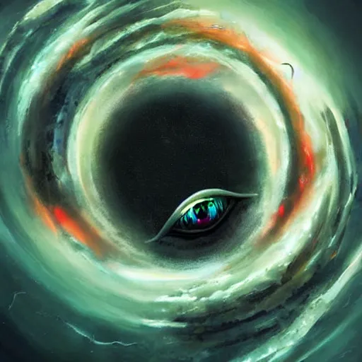 Image similar to hand with and eye in the center, floating in a spiraling abyss, scifi, painted by pedro correa,