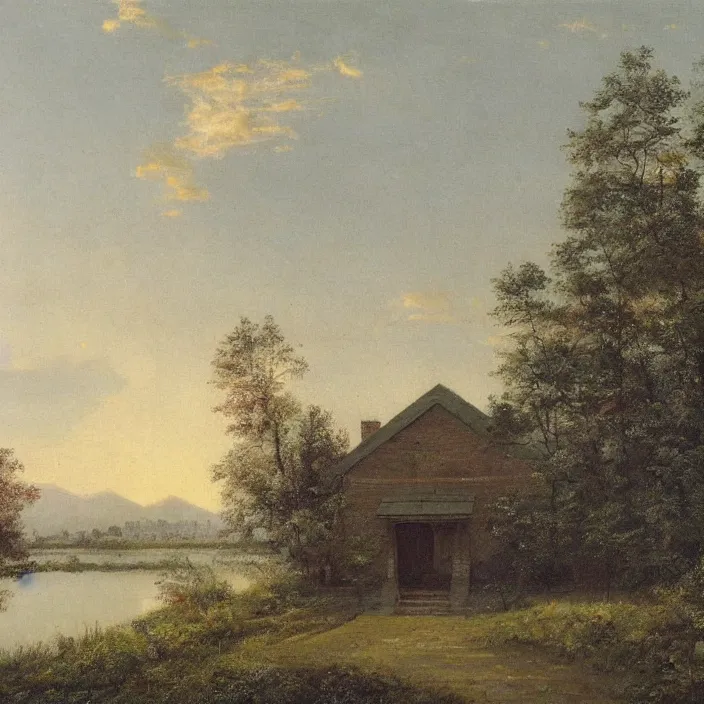 Image similar to a building in a serene landscape, romanticism art