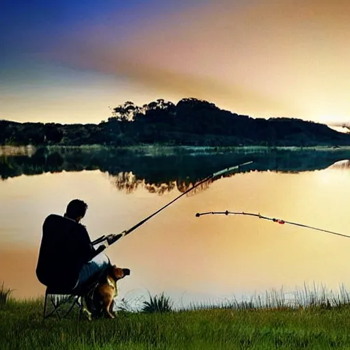 Image similar to an australian man, facing away from the camera towards a sunrise, over a reflective lake, fishing rod set up next to the man, with tackle box and a dog sleeping on the ground, awe inspiring award - winning, matte painting