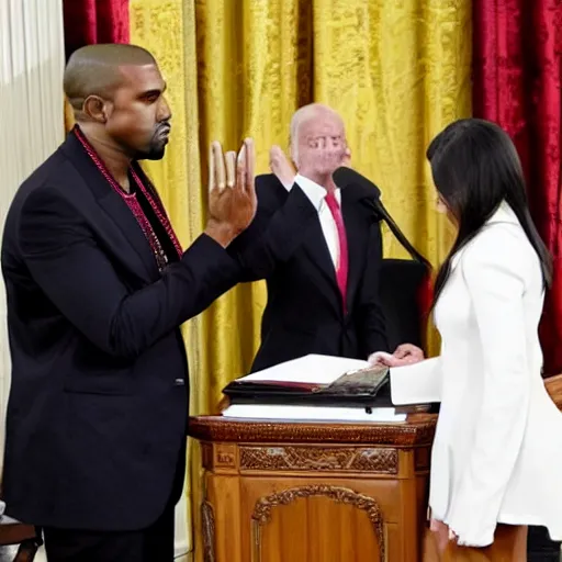 Prompt: WASHINGTON (AP) Kanye West sworn in as President, January 20th, 2024