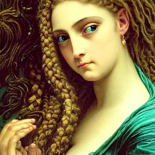 Image similar to intricate detail, hyper detail, drunk woman, very tired, wearing full body mans suite, hazel green eyes, teal eyebrows, with aqua neon rapunzel dreadlocks, detailed, by h. r. giger and bouguereau, masterpiece, sharp focus,