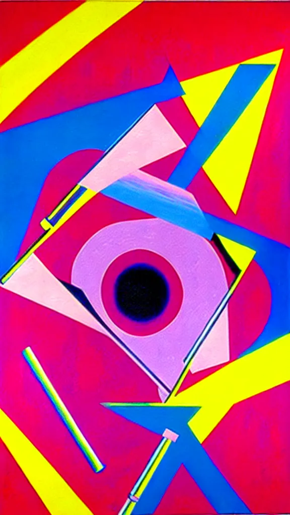 Prompt: an airbrush painting by James Rosenquist behance geometric abstract art vorticism neon and chrome 80s style