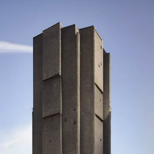 Image similar to a giant brutalist tower built in brutalist architecture, diverse unique building geometry full of shapes and corners, with a smaller base than the top of the tower, slowly growing in width as we get higher