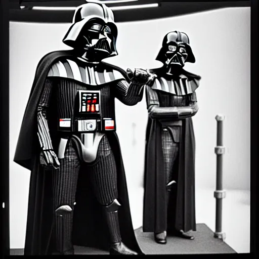 Image similar to darth vader at the star wars exhibit during the 1 9 3 9 new york world's fair. black and white photography, 3 5 mm, tourist photo