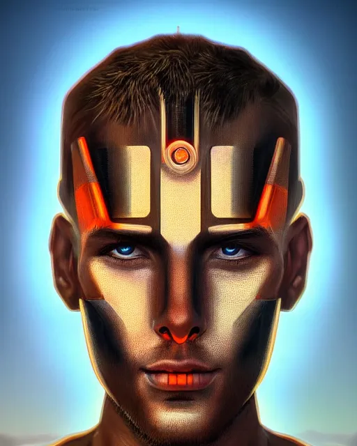 Prompt: portrait of a handsome symmetric cyborg, desert oasis background, ultra realistic, highly detailed, hd, sharp focus, cinematic lighting, realistic, photorealistic, vivid colors, painting, photograph, digital art, non blurry, sharp, artstation, concept art, smooth, illustration