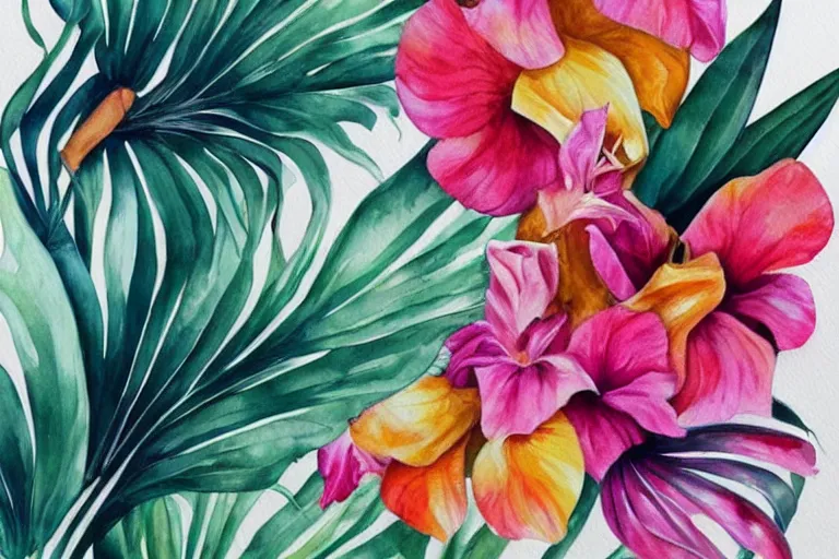 Prompt: watercolor artwork of exotic, elegant tropical prints : : trending on artstation