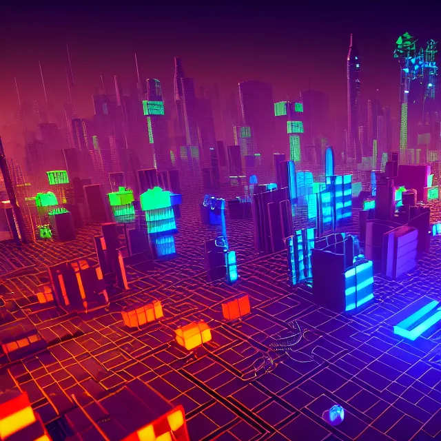 Image similar to 3 d render of glowing futuristic voxel blocks tied together with chains, in the distance a cyberpunk blockchain city is seen, blockchain, symmetry, painted, intricate, volumetric lighting, beautiful, rich deep colors masterpiece, sharp focus, ultra detailed, in the style of dan mumford and marc simonetti
