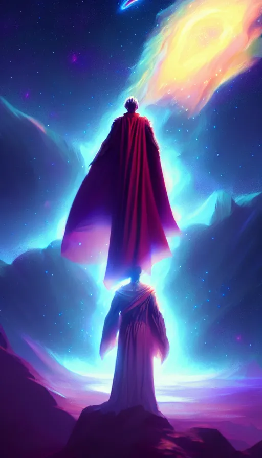 Image similar to celestial god with a cape, epic scene, colors, holy, full body, galaxy, and, stars, atmosphere, unreal engine, pixar, video game, ethereal, insanely, detailed, volumetric, symmetrical, concept art, charlie bowater, unreal engine, artstation, cinematic, video game, digital painting, artist maena