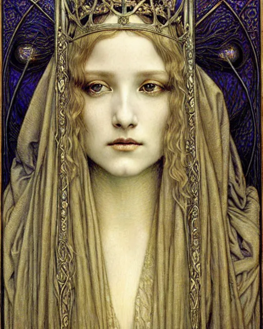 Image similar to detailed realistic beautiful young medieval queen face portrait by jean delville, gustave dore and marco mazzoni, art nouveau, symbolist, visionary, gothic, pre - raphaelite. horizontal symmetry