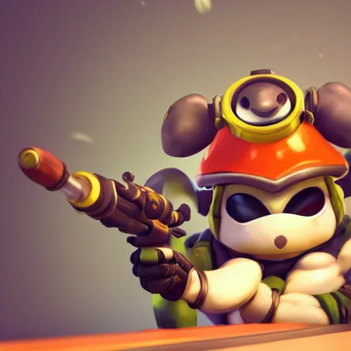 Image similar to teemo is the newest overwatch character, shooting a poison dart, poison mushrooms, octane render, blender render, unreal engine, standing pose, cinematic lighting, symmetrical