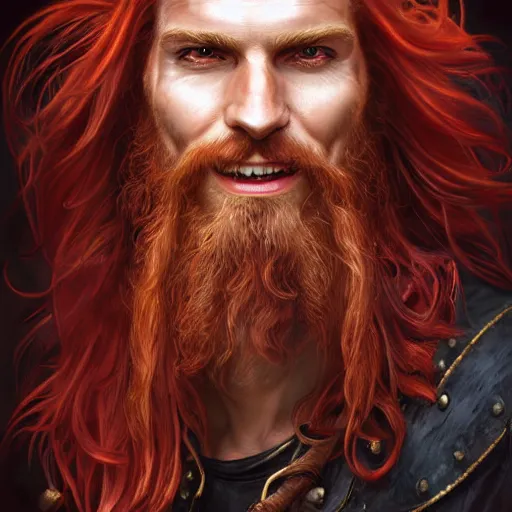 Prompt: portrait of a young ruggedly handsome but joyful pirate, male, masculine, upper body, red crimson hair, long long flowing hair, fantasy, proud smirk, intricate, elegant, highly detailed, digital painting, artstation, concept art, matte, sharp focus, illustration, art by artgerm and greg rutkowski and alphonse mucha