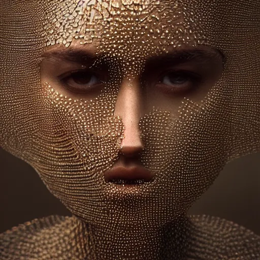 Image similar to full shot of a regal brown woman wearing an intricate and detailed armor made of thousands of dew drops. refracted light. reflections. morning dew.. delicate. translucent. no makeup!! haunting eyes. vulnerable. fragile. ethereal. refracted light. by louise dahl - wolfe. by michal karcz. octane render