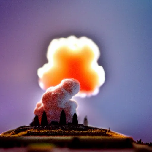 Image similar to a tiny nuclear explosion, mushroom cloud, tilt shift photograph