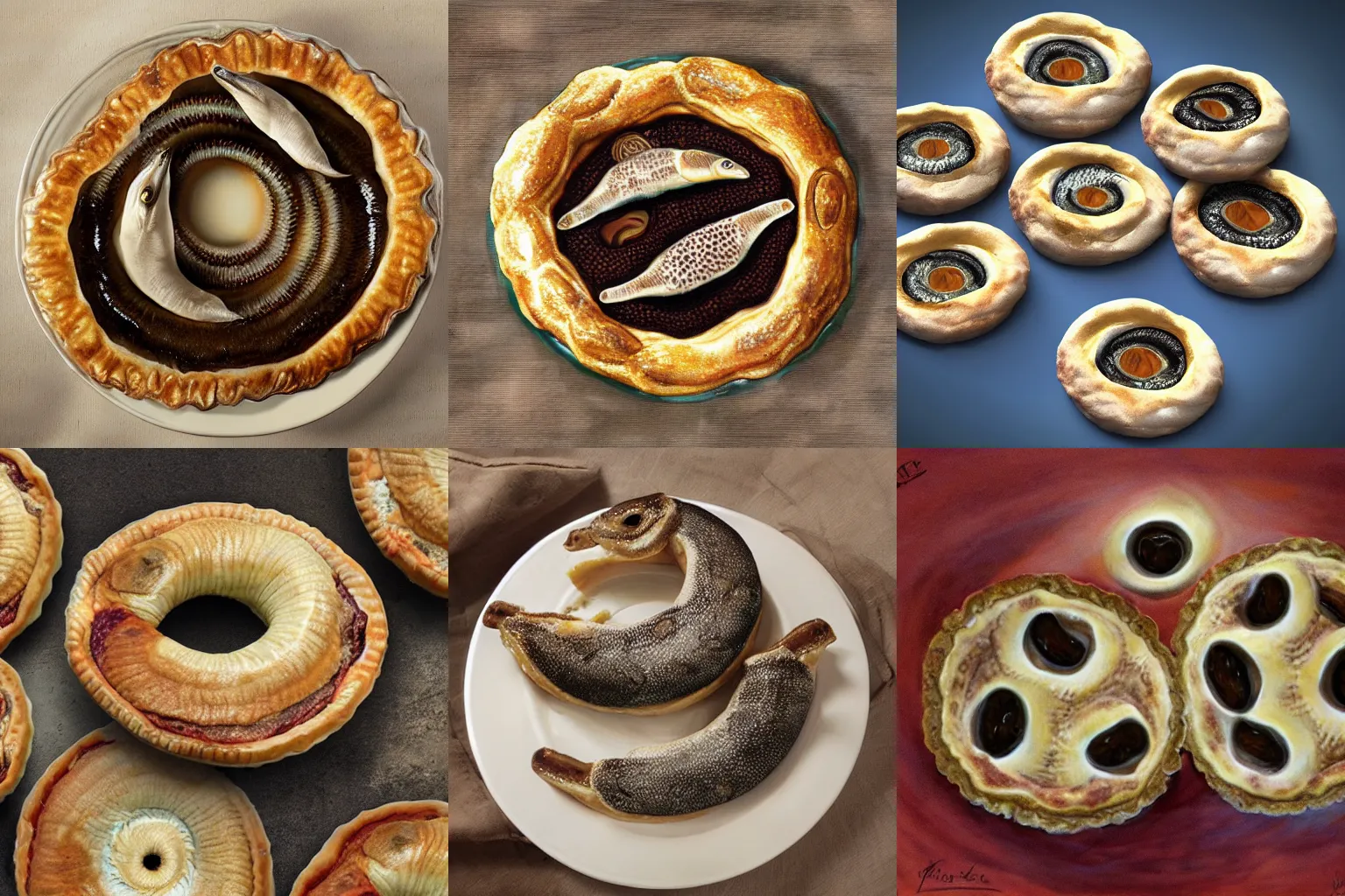 Prompt: lamprey pies, photorealistic