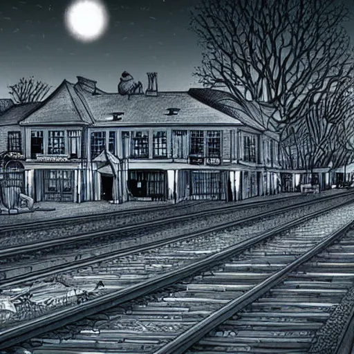 Image similar to train station designed by tim burton at night art digital